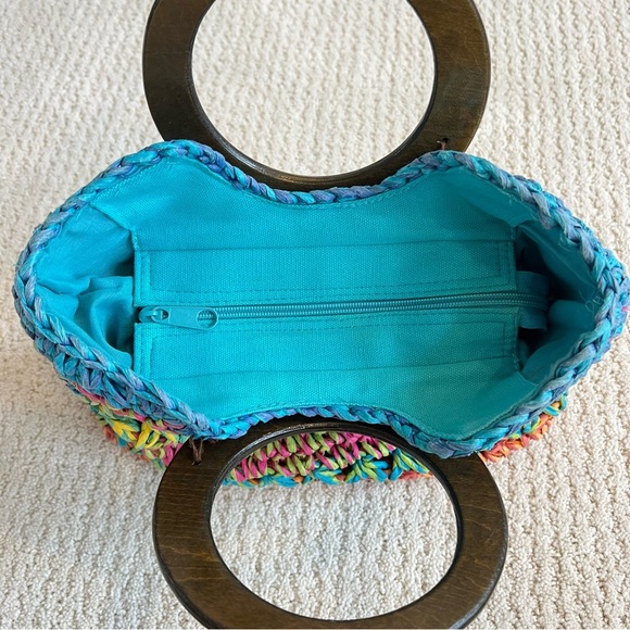 CAPPELLI STRAWORLD Turquoise Crochet Toyo Straw Wooden Grip Satchel Tote Handbag - Picture 7 of 11